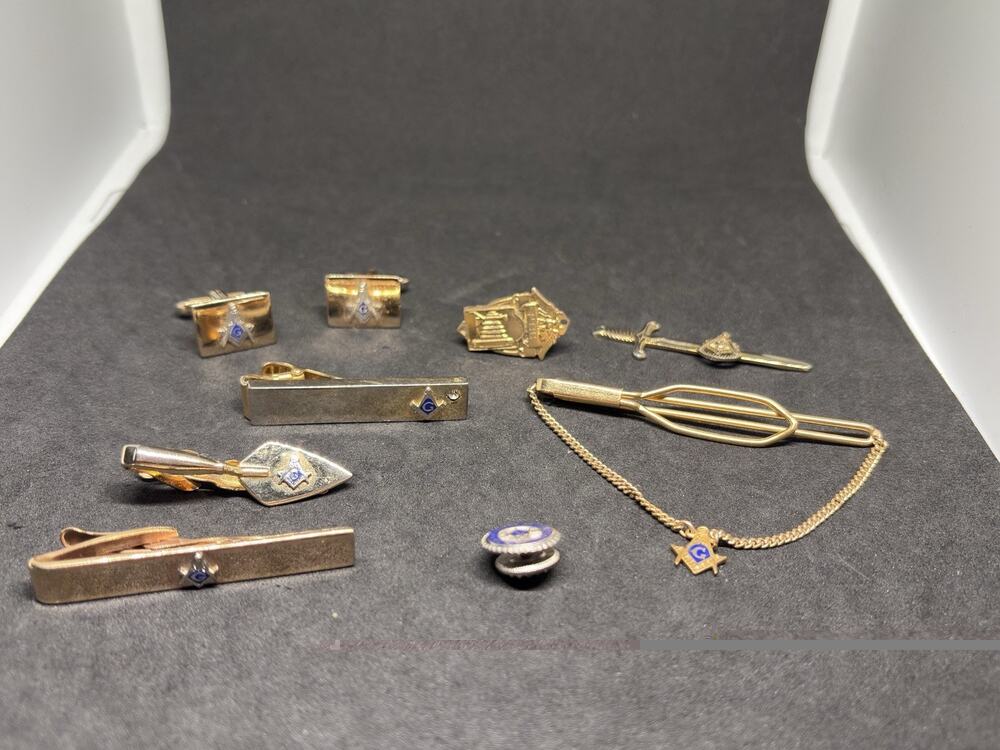 Vintage Gold Tone & 1/20 12k Gold Filled Masonic Cufflinks Tie Bar Clasp Lot